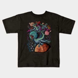 T-Rex Dinosaur Flying in Space Galaxy Kids T-Shirt